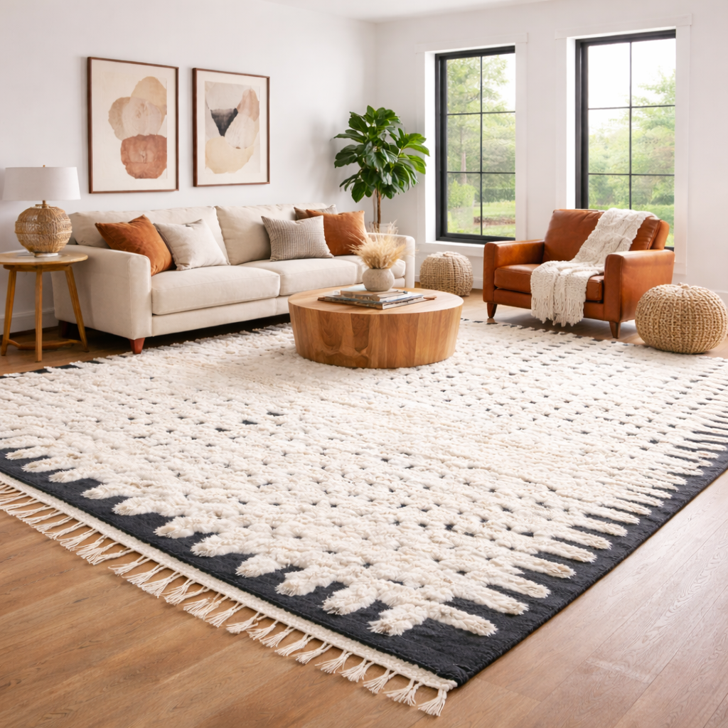 Large Moroccan Wool Rug – White &amp; Black Grid Pattern Handmade