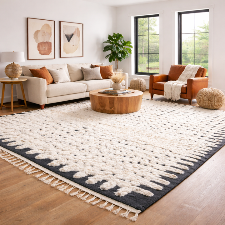 Large Moroccan Wool Rug – White & Black Grid Pattern Handmade
