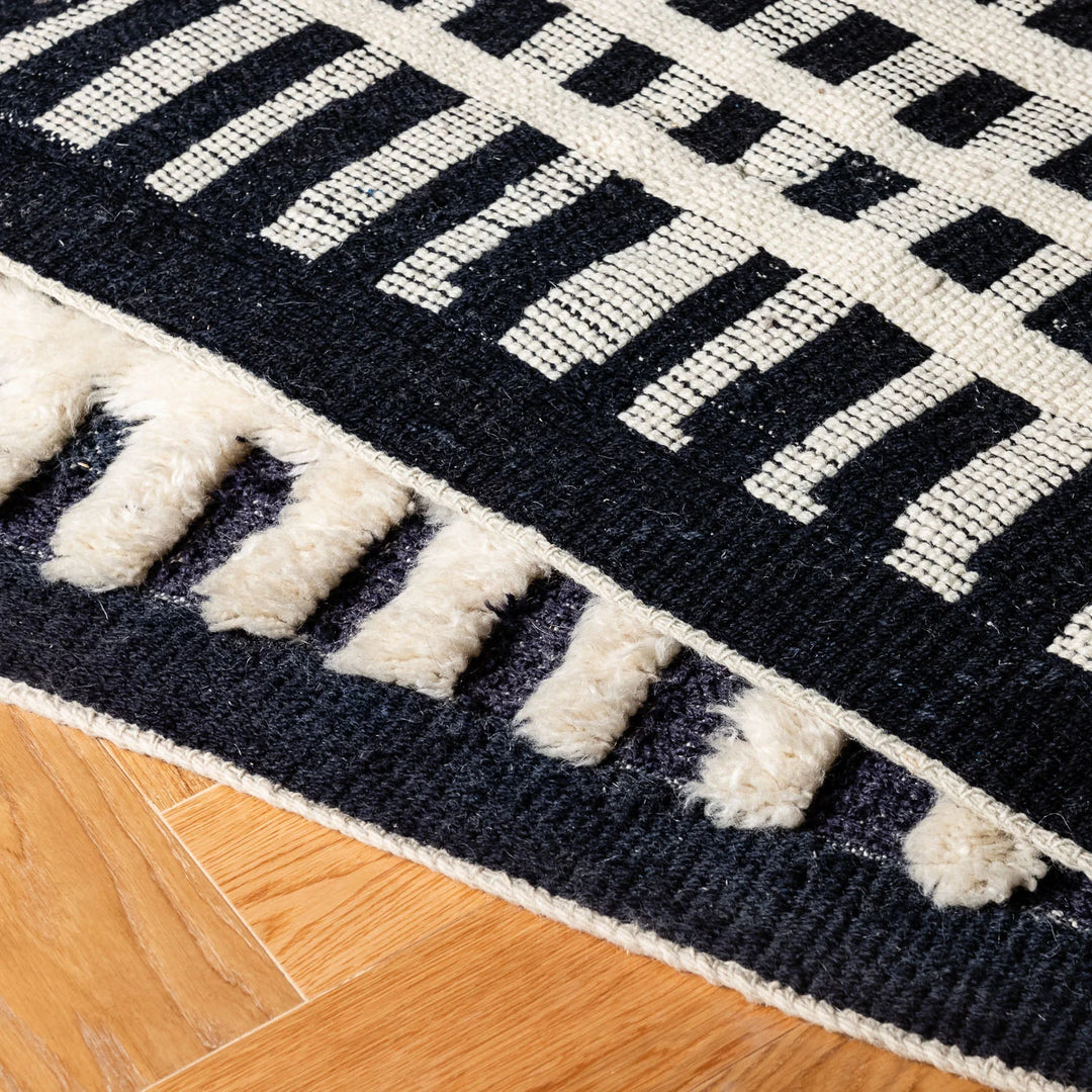Handmade Moroccan Rug – Cream Wool with Black Dotted Grid Pattern