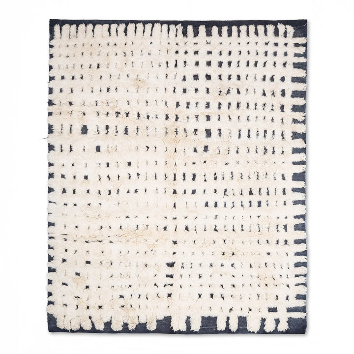 Handmade Moroccan Rug – Cream Wool with Black Dotted Grid Pattern