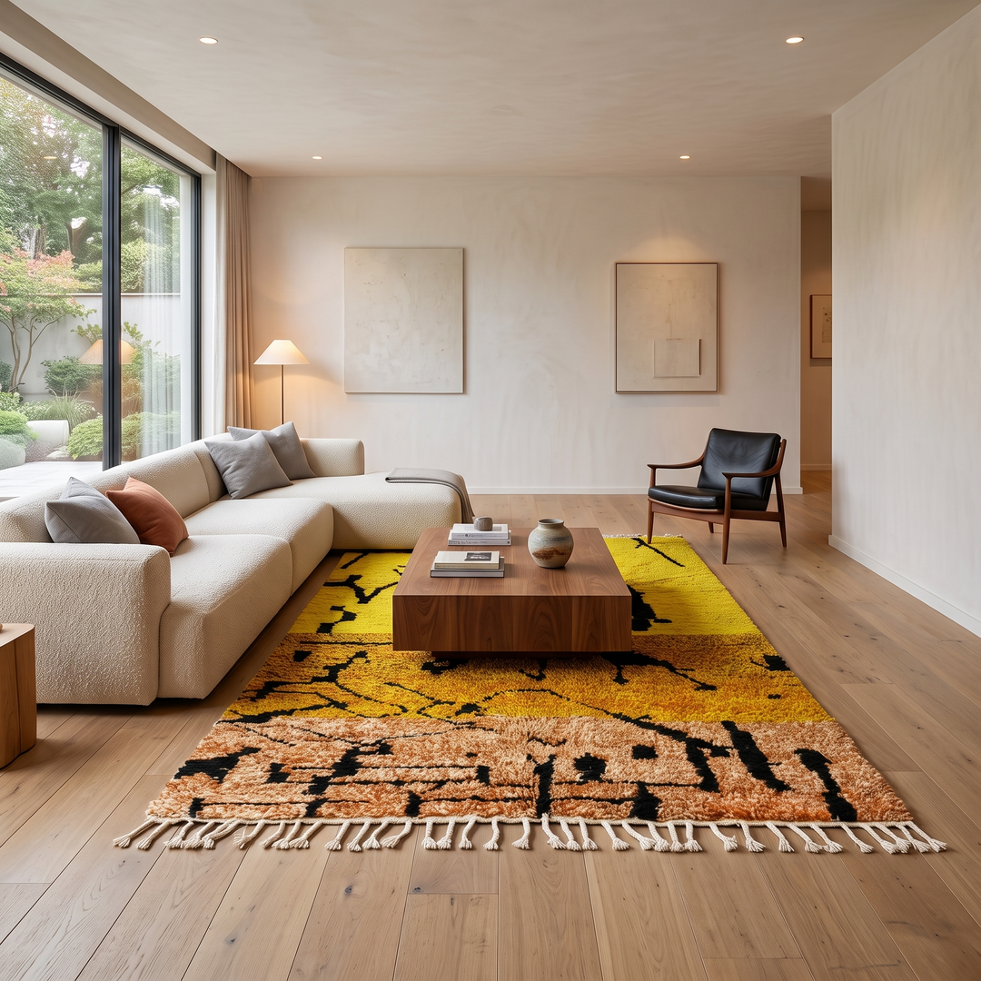 Yellow Moroccan wool rug with abstract Berber design and black line pattern
