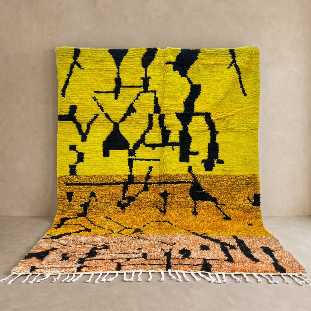 Yellow Moroccan wool rug with abstract Berber design and black line pattern