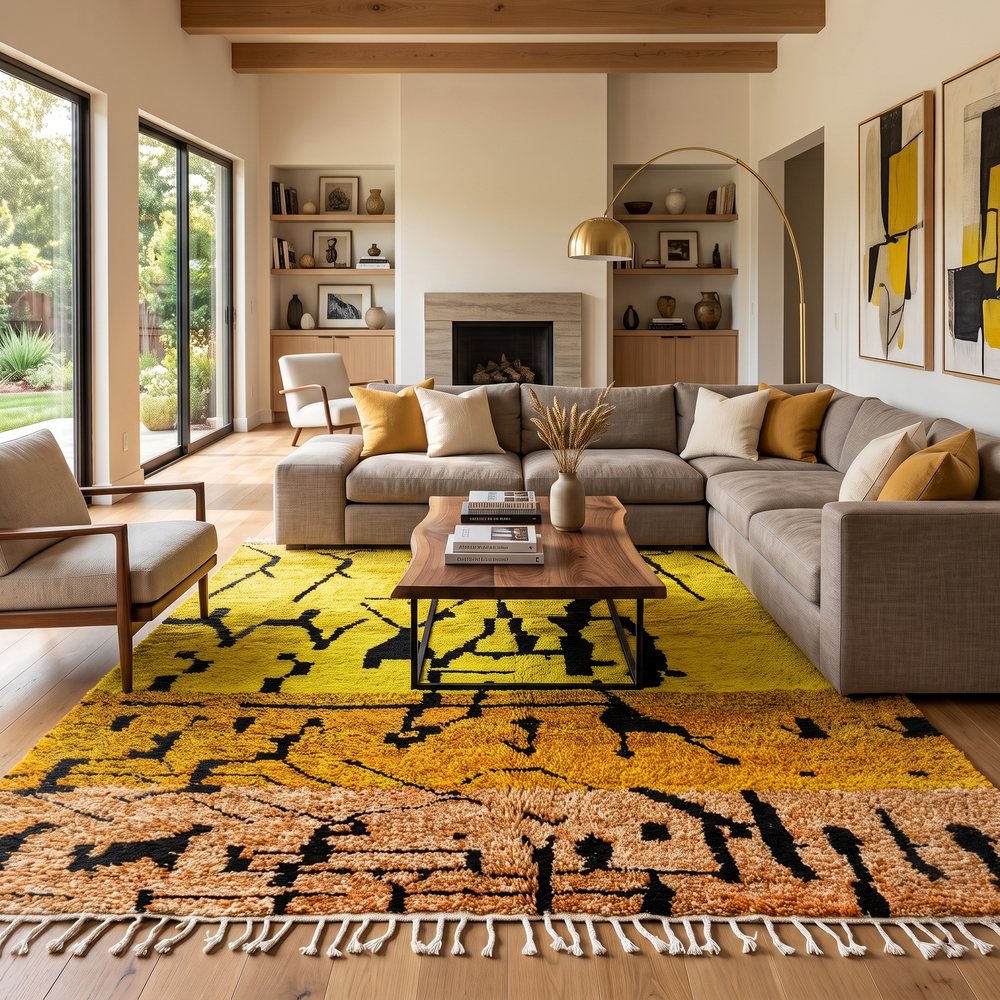 Yellow Moroccan wool rug with abstract Berber design and black line pattern

