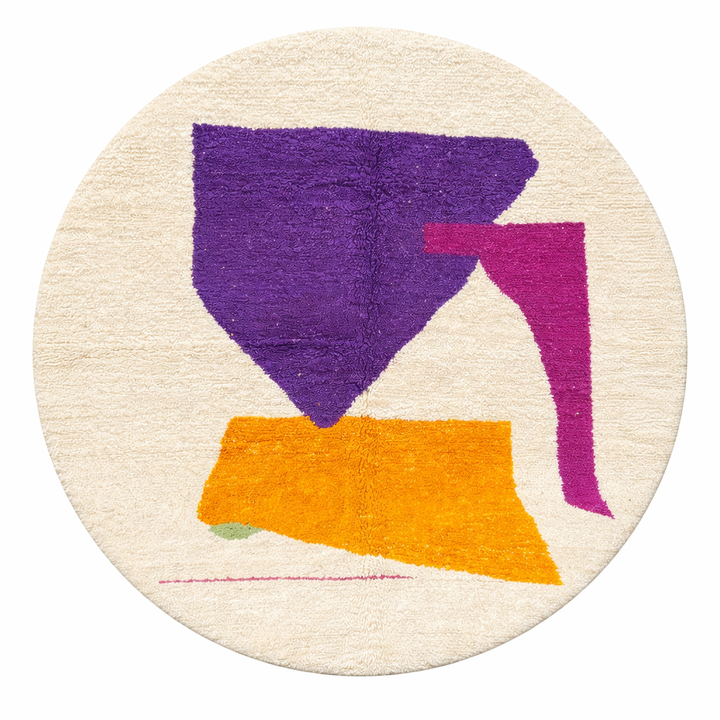 Handmade Moroccan wool rug with abstract Berber design in purple and yellow, round shape.