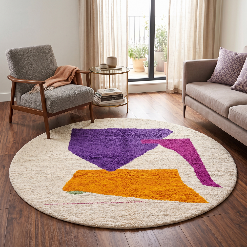 Handmade Moroccan wool rug with abstract Berber design in purple and yellow, round shape.