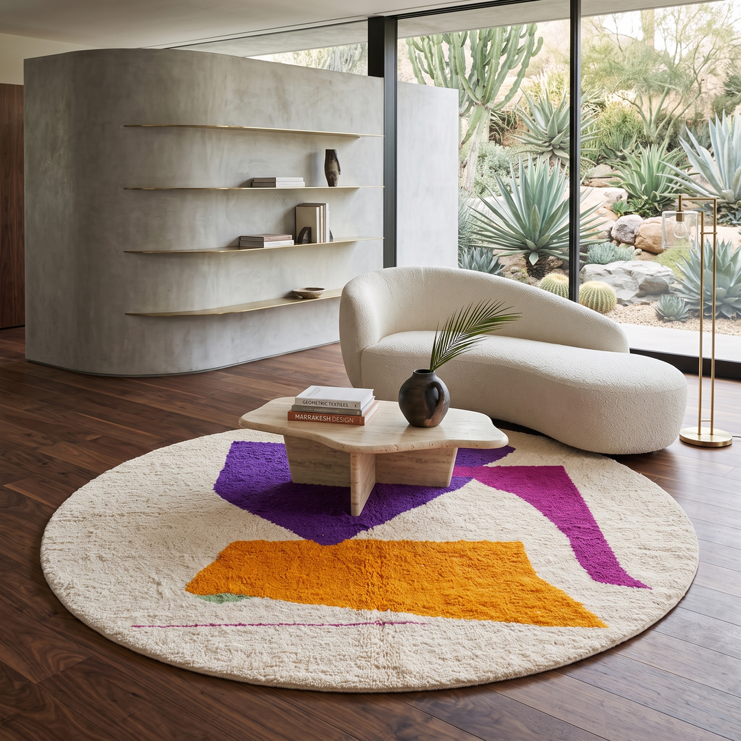 Handmade Moroccan wool rug with abstract Berber design in purple and yellow, round shape.