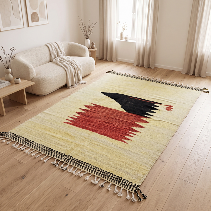 Handwoven cream and black Moroccan wool rug with geometric Beni Ourain design – handmade Berber carpet from Morocco
