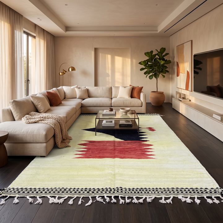 Handwoven cream and black Moroccan wool rug with geometric Beni Ourain design – handmade Berber carpet from Morocco
