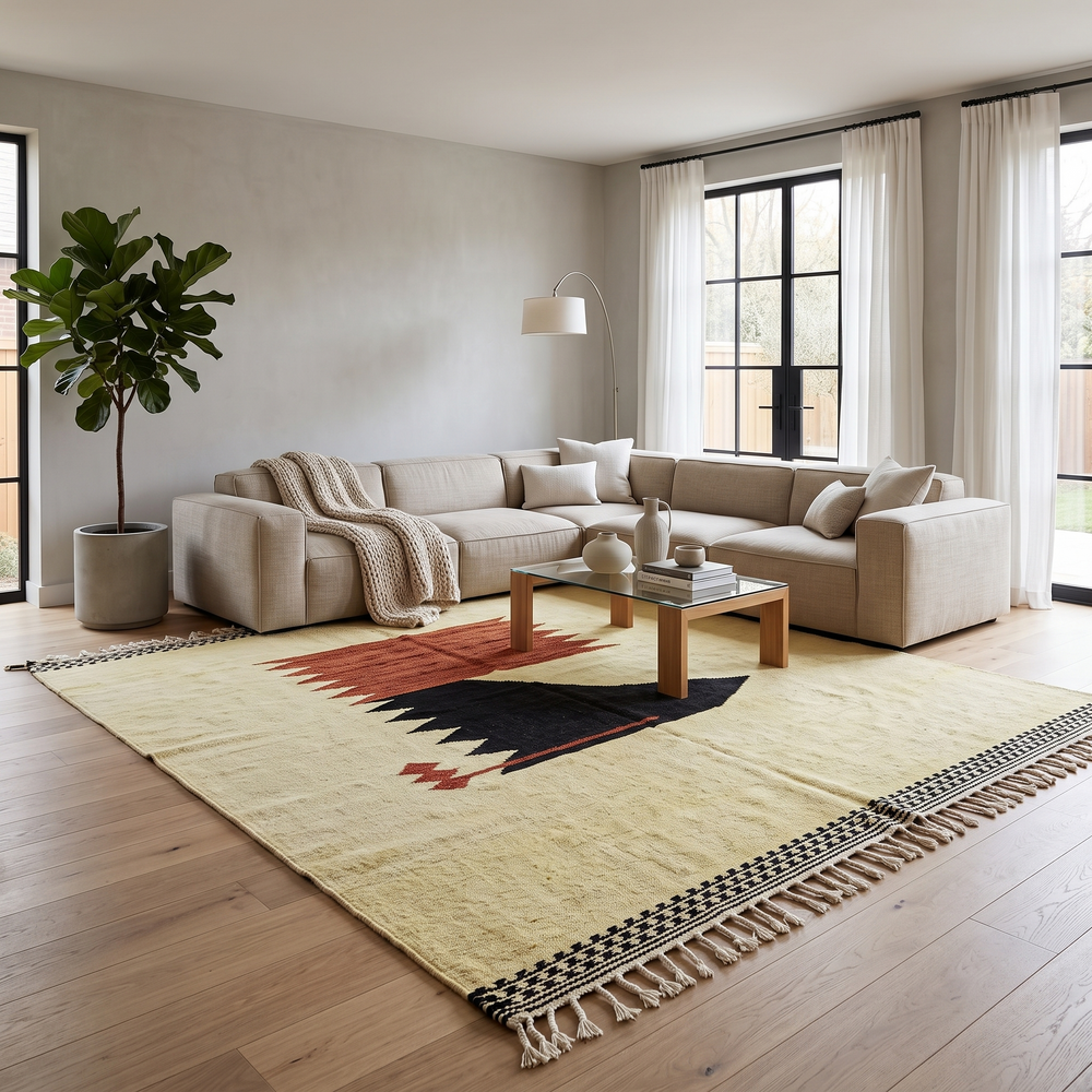 Handwoven cream and black Moroccan wool rug with geometric Beni Ourain design – handmade Berber carpet from Morocco
