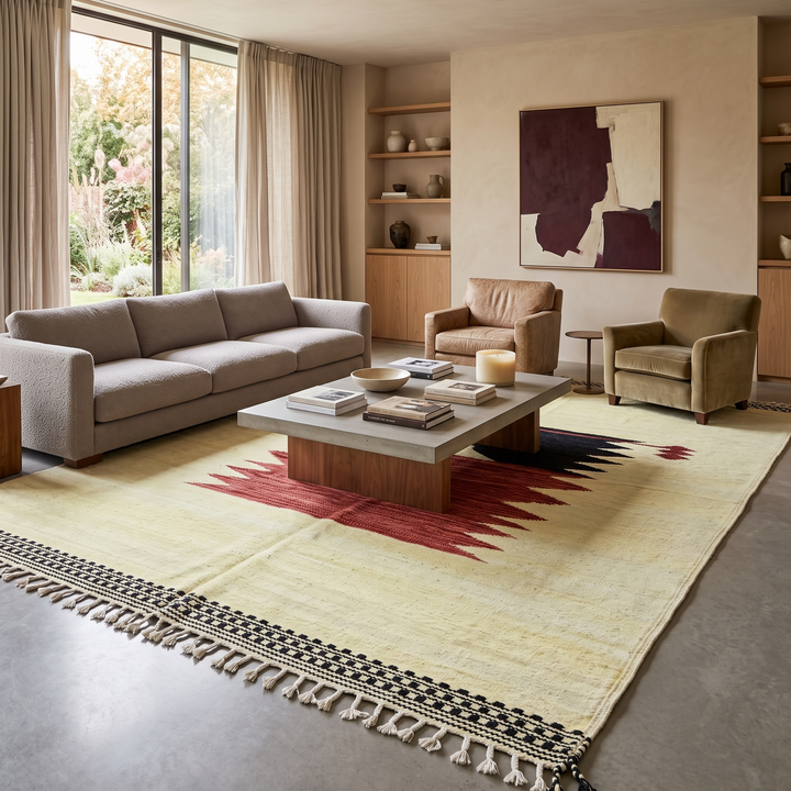 Handwoven cream and black Moroccan wool rug with geometric Beni Ourain design – handmade Berber carpet from Morocco
