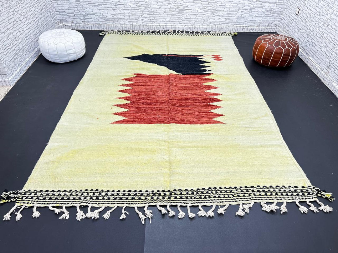 Handmade Moroccan Wool Rug – Yellow Red and Black Flatweave Carpet