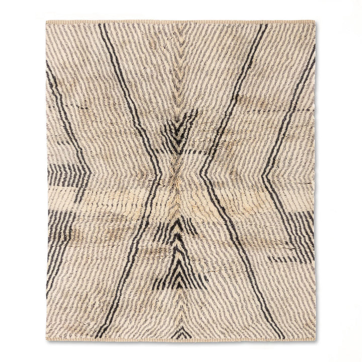 Handmade Moroccan Wool Rug with Black Chevron Illusion Pattern