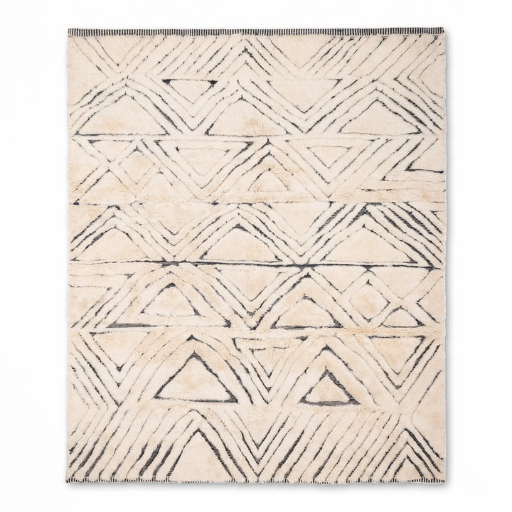 Handmade Moroccan Wool Rug with Black Geometric Triangle Pattern