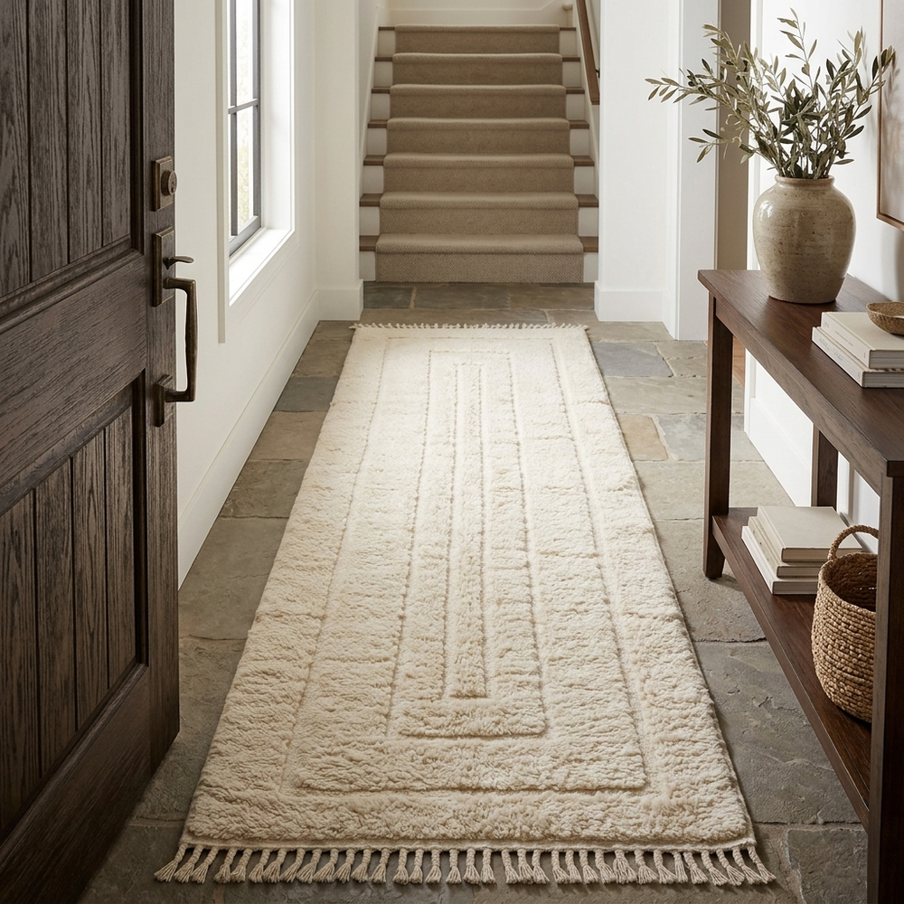 Handmade Moroccan wool runner rug in cream with raised carved geometric design and fringed ends