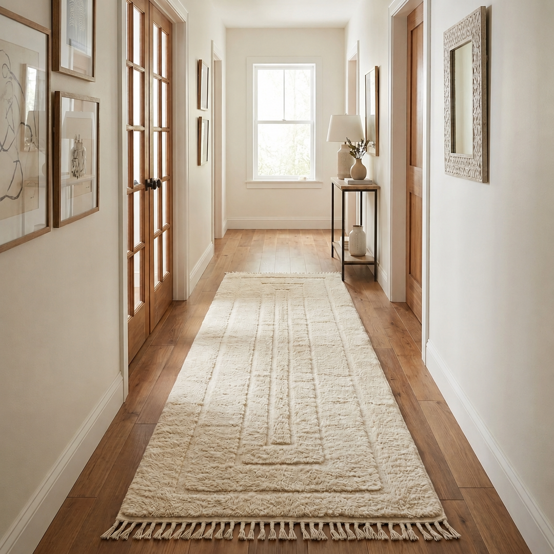 Handmade Moroccan wool runner rug in cream with raised carved geometric design and fringed ends