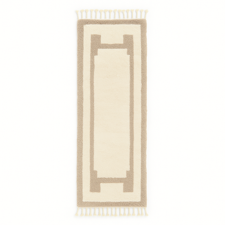 Handwoven Moroccan wool runner rug in white with sand border, minimalist modern design