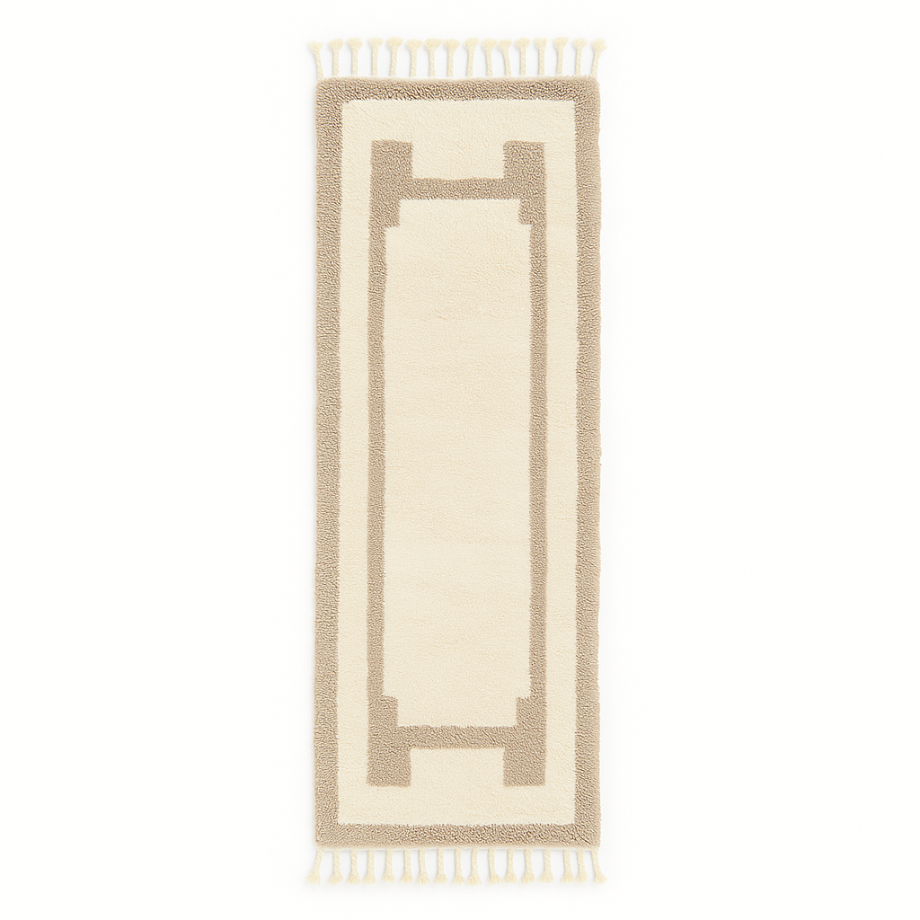 Handwoven Moroccan wool runner rug in white with sand border, minimalist modern design