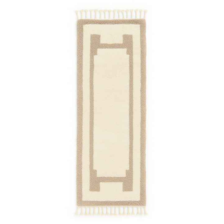 Handwoven Moroccan wool runner rug in white with sand border, minimalist modern design