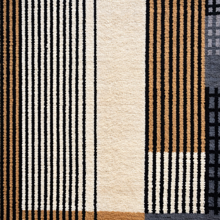Handmade Moroccan wool runner rug with modern geometric design in burnt orange, black, gray, and ivory, perfect for hallway or entryway.