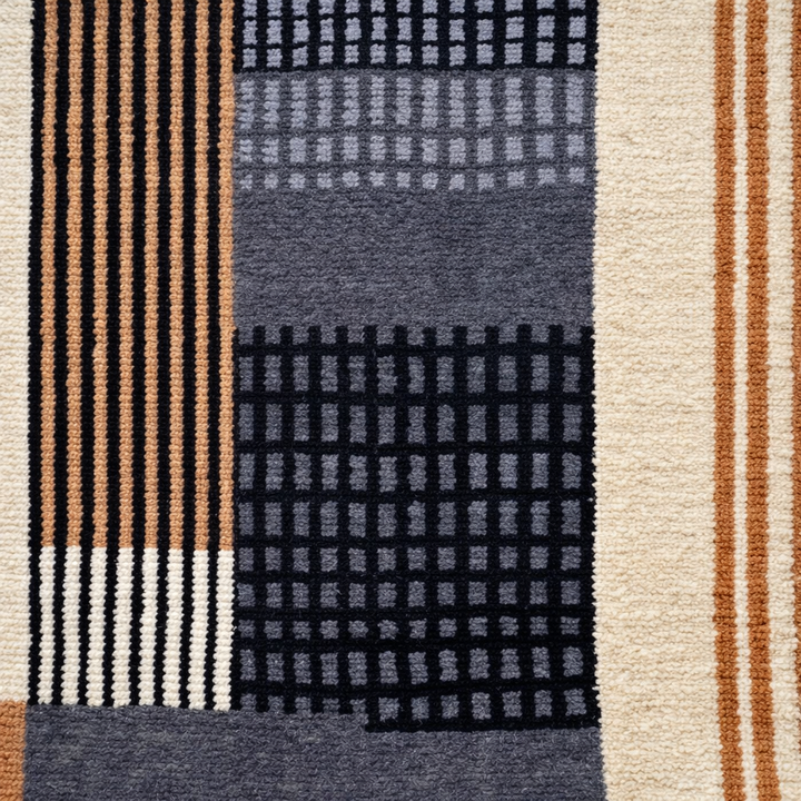 Handmade Moroccan wool runner rug with modern geometric design in burnt orange, black, gray, and ivory, perfect for hallway or entryway.