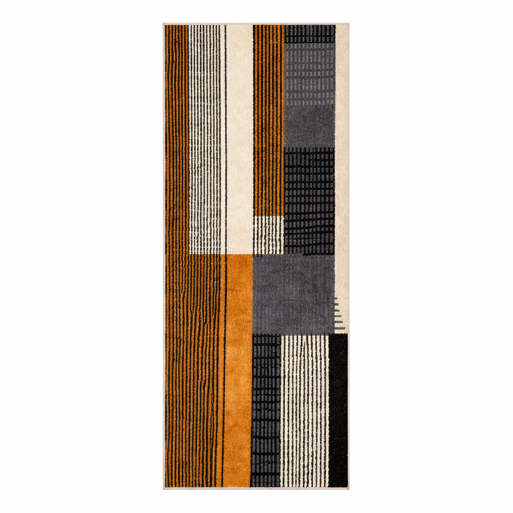 Handmade Moroccan wool runner rug with modern geometric design in burnt orange, black, gray, and ivory, perfect for hallway or entryway.