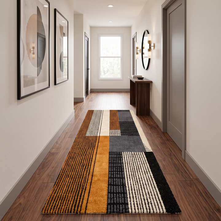 Handmade Moroccan wool runner rug with modern geometric design in burnt orange, black, gray, and ivory, perfect for hallway or entryway.
