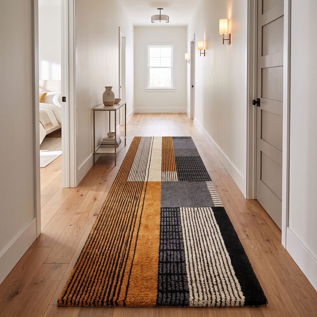 Handmade Moroccan wool runner rug with modern geometric design in burnt orange, black, gray, and ivory, perfect for hallway or entryway.