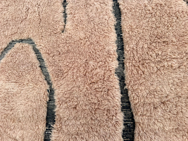 Handmade beige Moroccan wool shag rug with carved Berber geometric lines