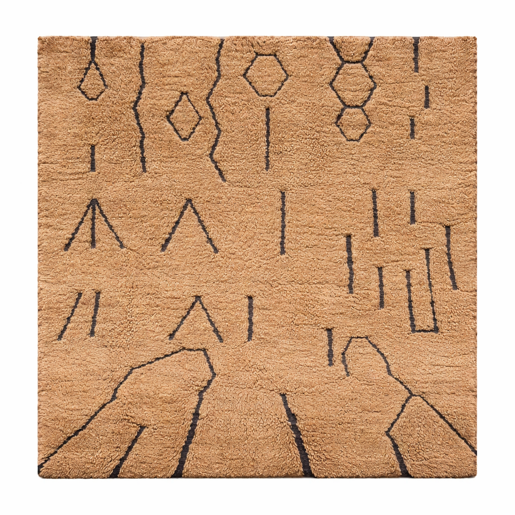 Handmade beige Moroccan wool shag rug with carved Berber geometric lines