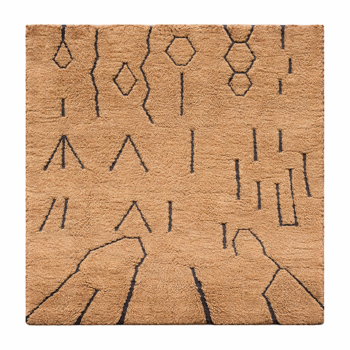 Handmade beige Moroccan wool shag rug with carved Berber geometric lines