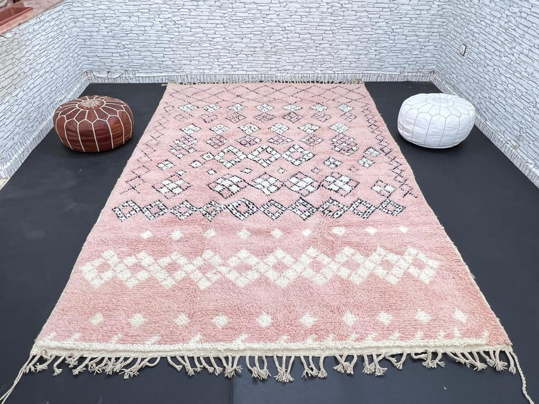 blush pink moroccan wool rug with berber diamond geometric pattern handmade