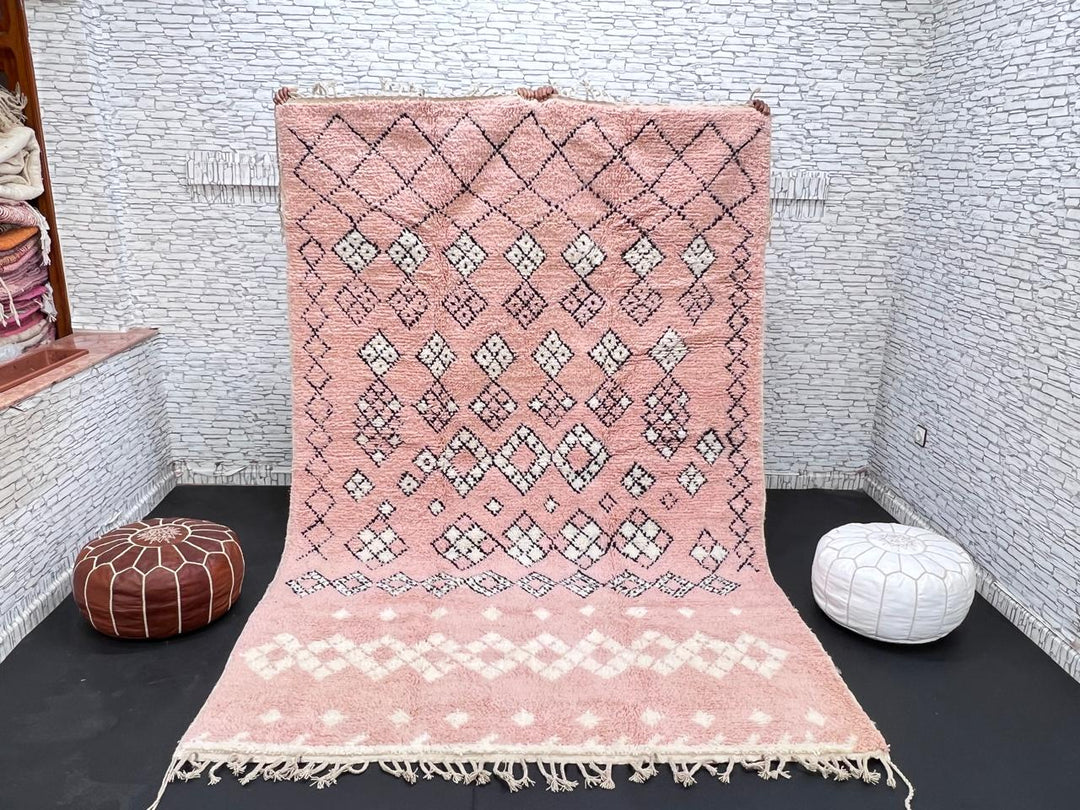 blush pink moroccan wool rug with berber diamond geometric pattern handmade
