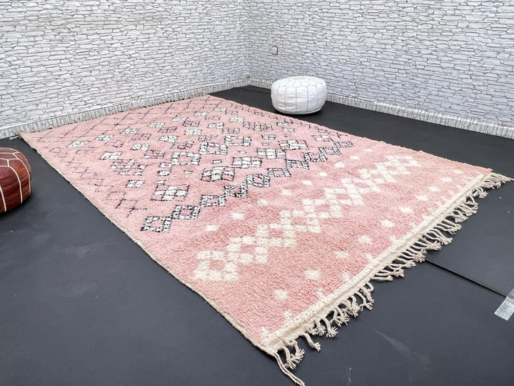 blush pink moroccan wool rug with berber diamond geometric pattern handmade