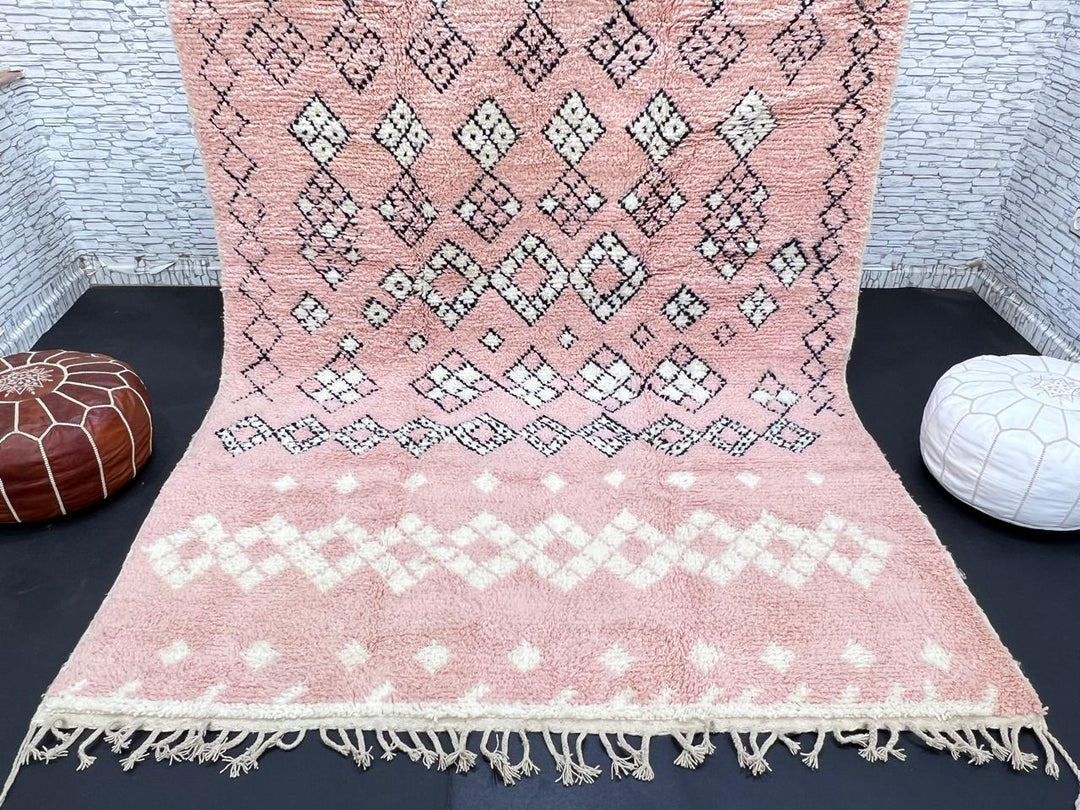 blush pink moroccan wool rug with berber diamond geometric pattern handmade