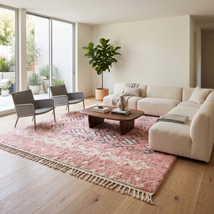 blush pink moroccan wool rug with berber diamond geometric pattern handmade
