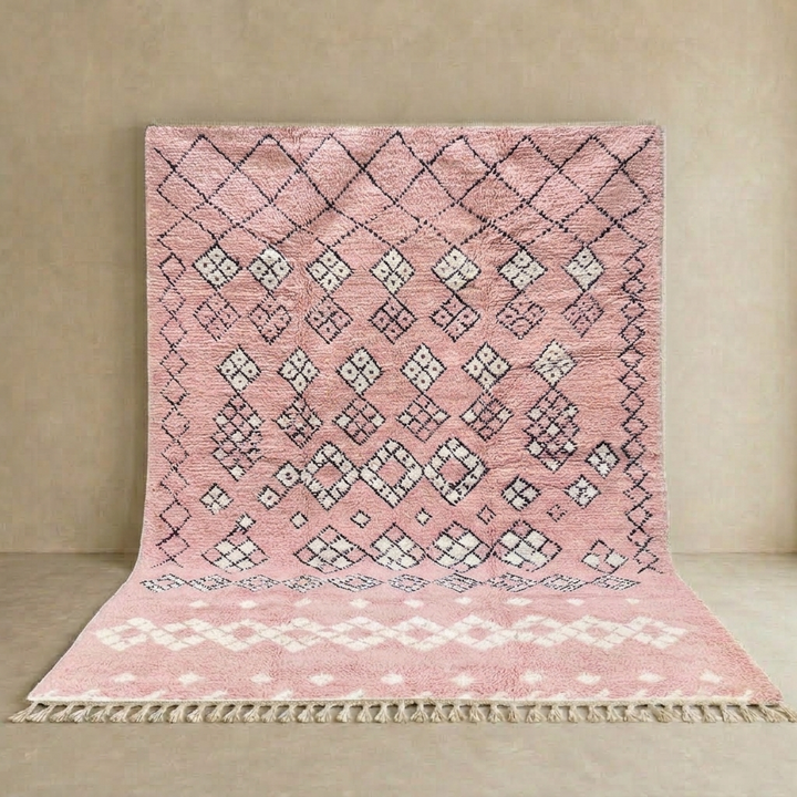 blush pink moroccan wool rug with berber diamond geometric pattern handmade
