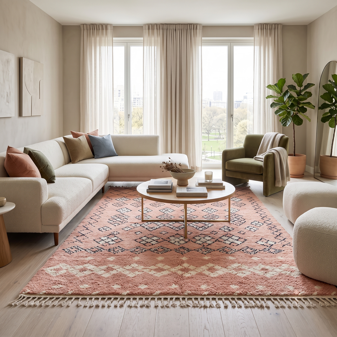 blush pink moroccan wool rug with berber diamond geometric pattern handmade
