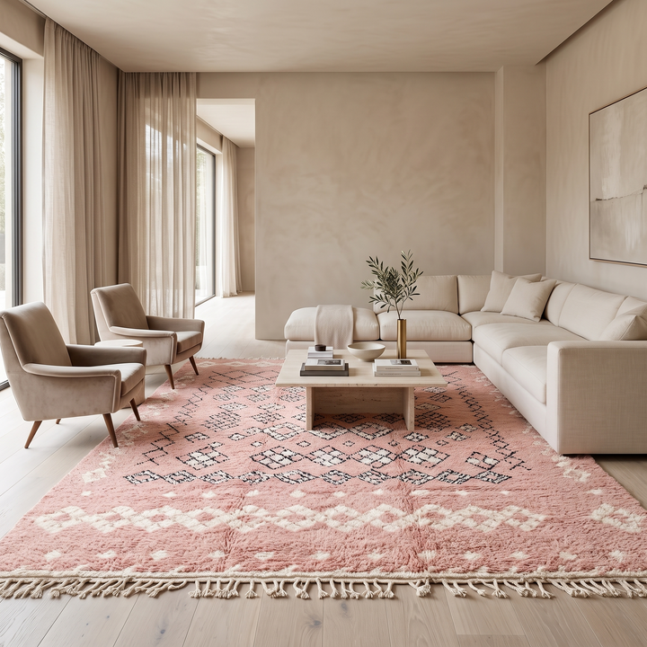 blush pink moroccan wool rug with berber diamond geometric pattern handmade
