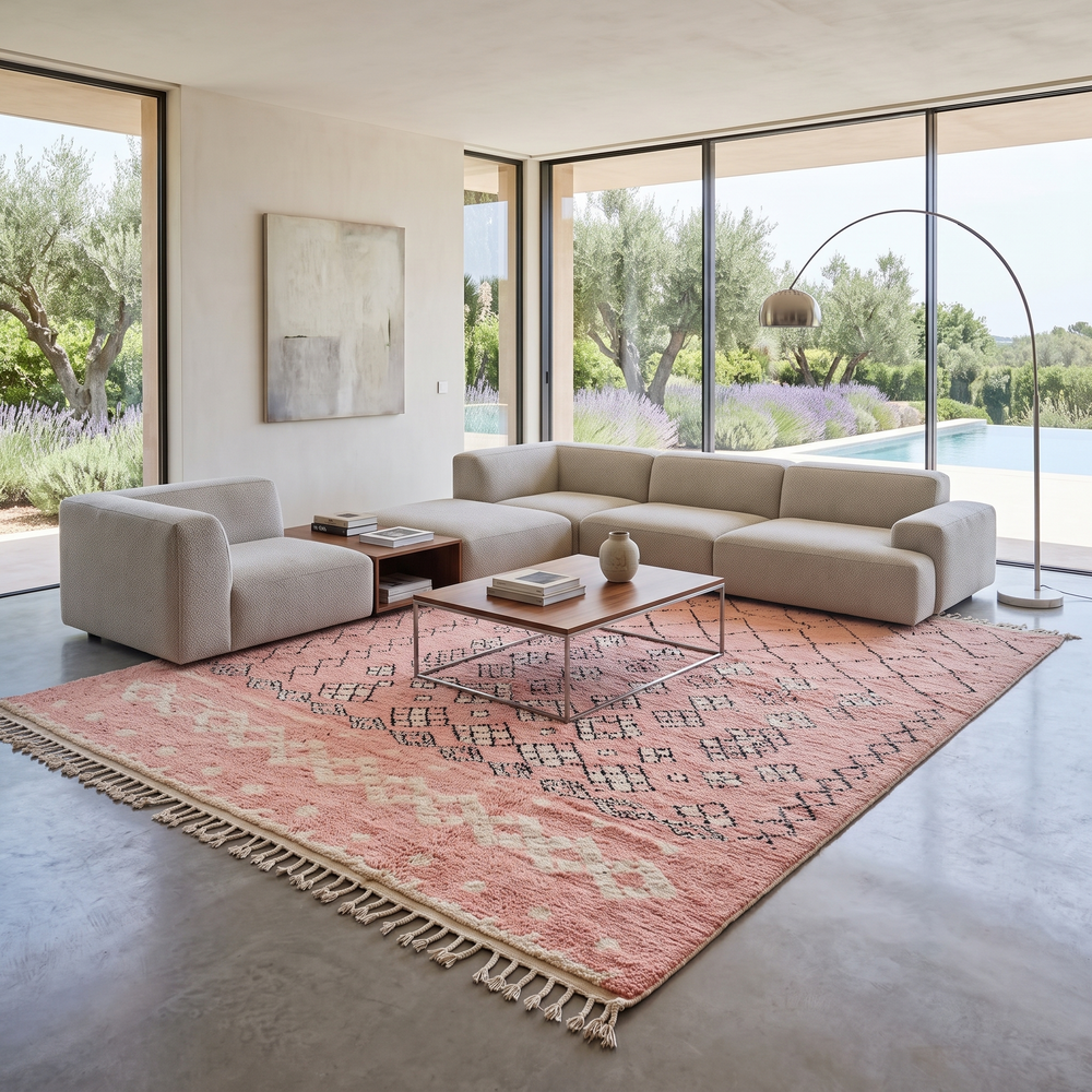 blush pink moroccan wool rug with berber diamond geometric pattern handmade
