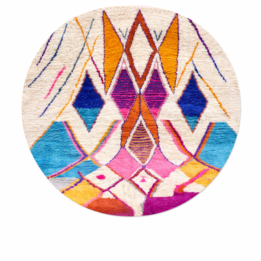 Colorful round Moroccan wool rug with ivory base, bold Berber diamond motifs, and handmade plush wool texture.