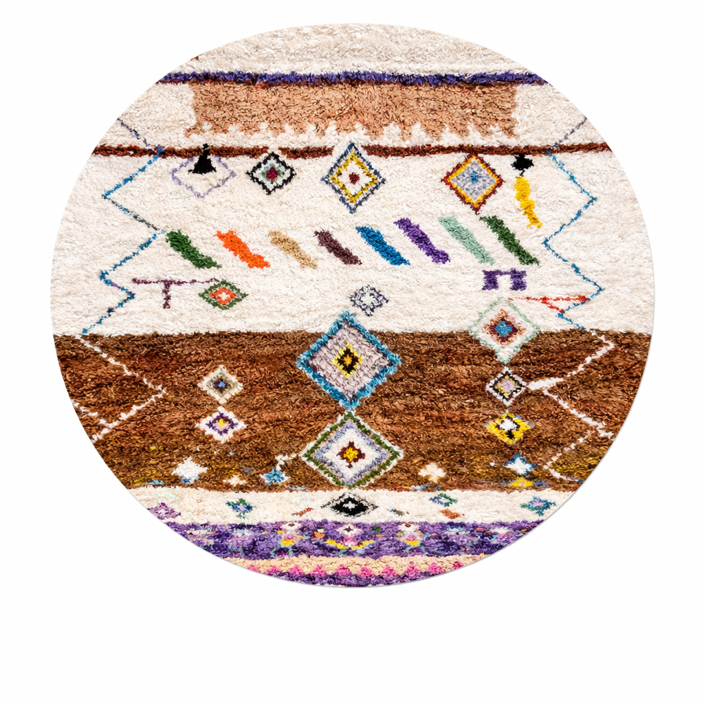 Handmade round Moroccan wool rug in white and brown with colorful Berber pattern