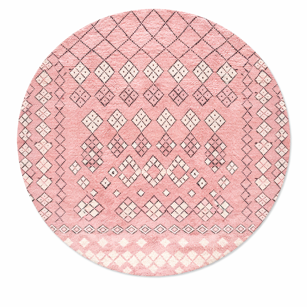 Round pink Moroccan wool rug with ivory diamond Berber motifs and fine black geometric lines, handmade Amazigh wool area rug.