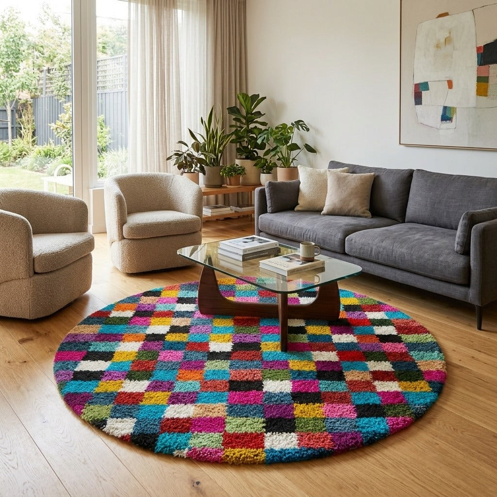 Round multicolor Moroccan checkered rug