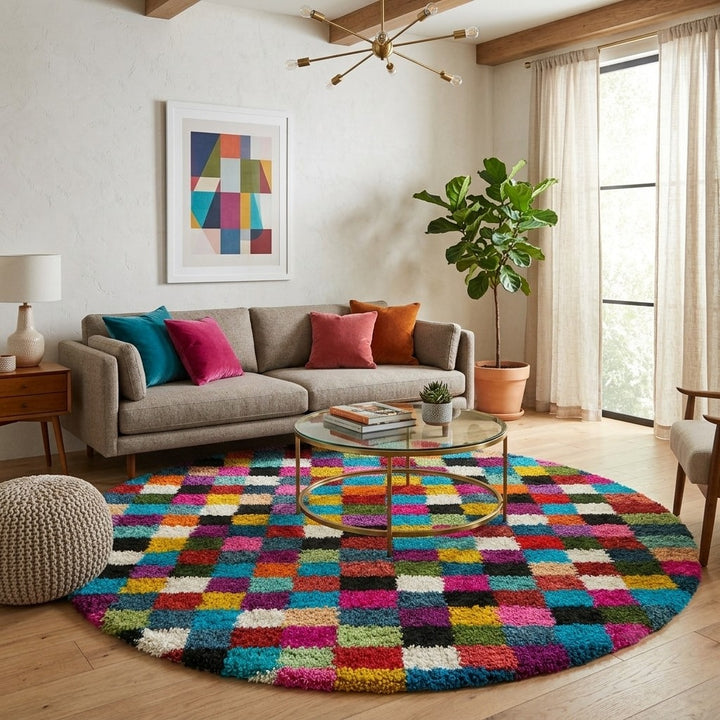 Round multicolor Moroccan checkered rug