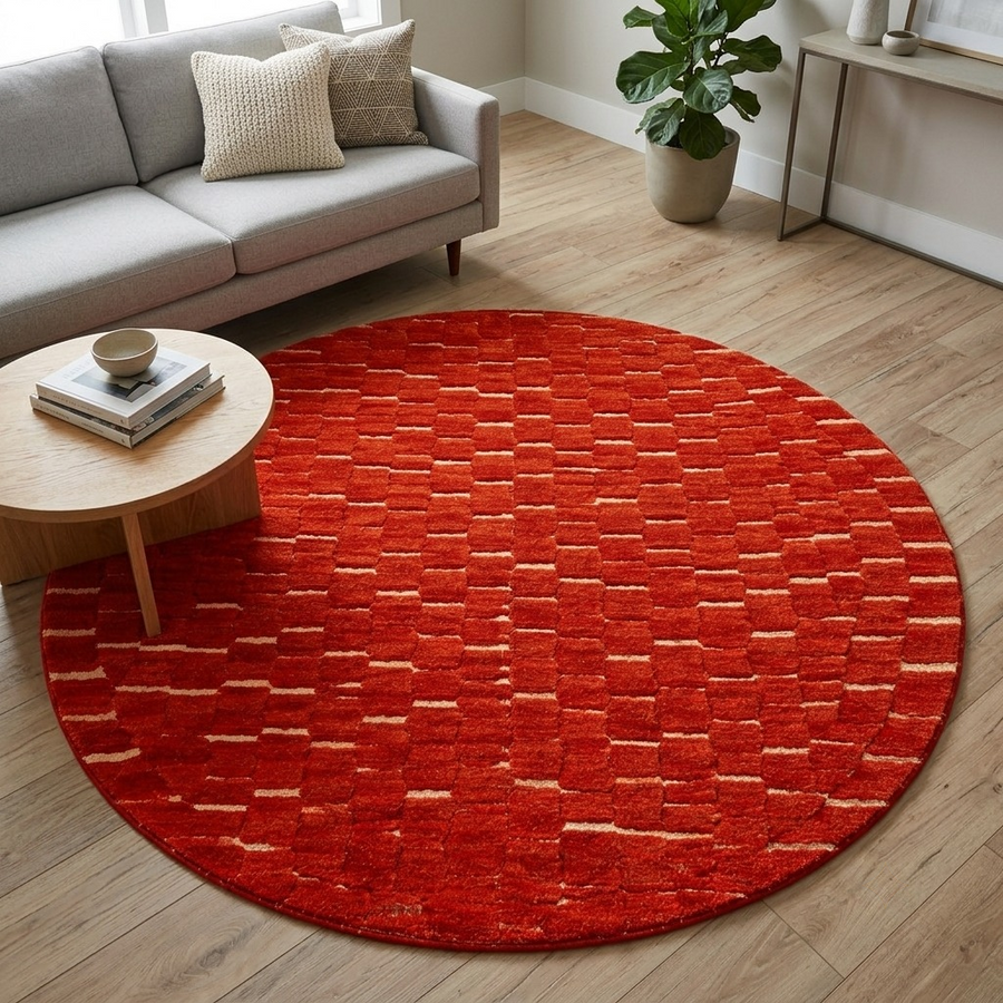 Handmade round Moroccan wool rug with rich textured surface and modern minimalist design.