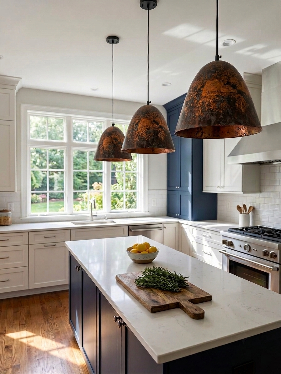 Handmade aged copper dome pendant light with a dark distressed patina in a modern industrial interior.