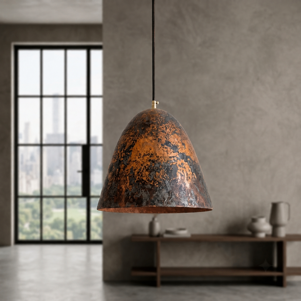 Handmade aged copper dome pendant light with a dark distressed patina in a modern industrial interior.