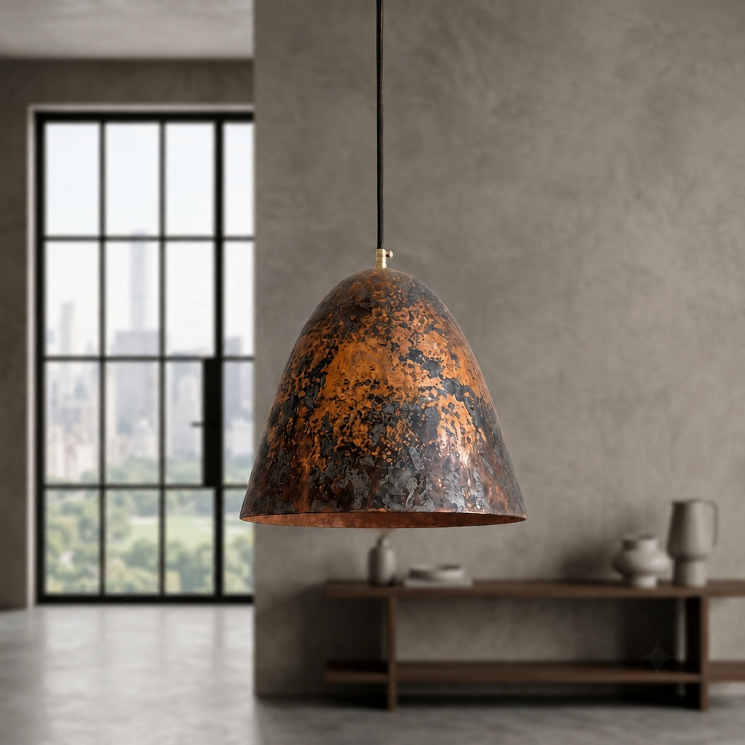 Handmade aged copper dome pendant light with a dark distressed patina in a modern industrial interior.