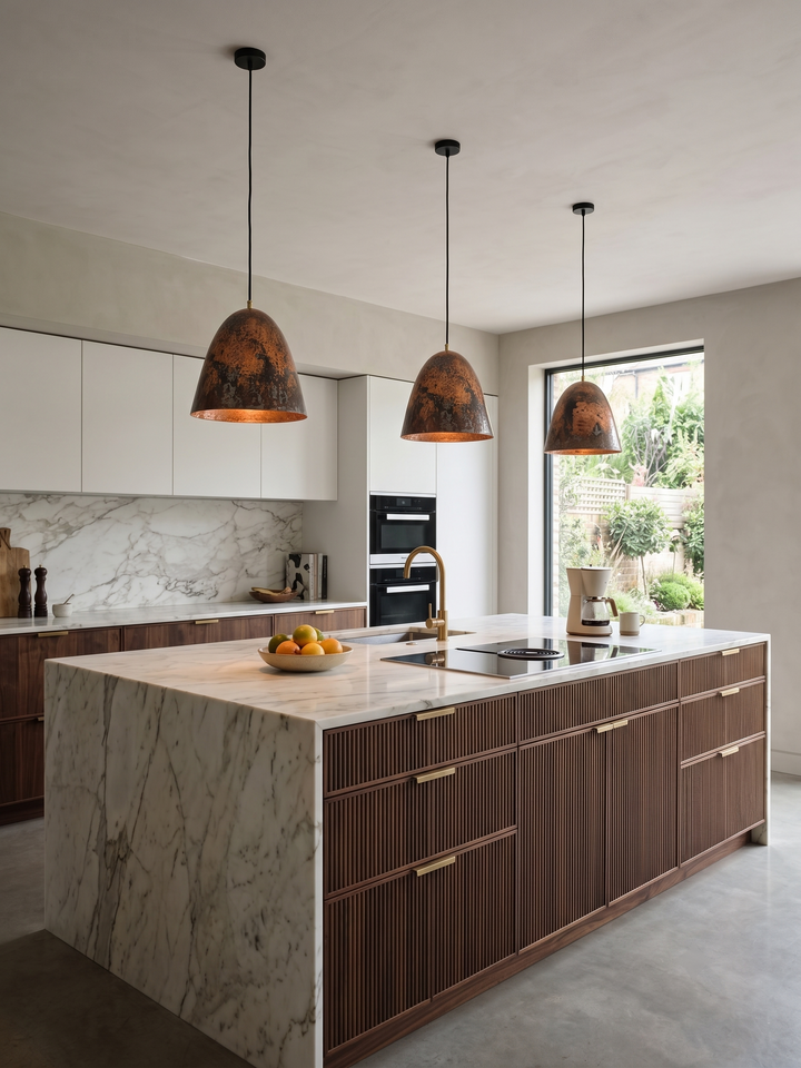 Handmade aged copper dome pendant light with a dark distressed patina in a modern industrial interior.
