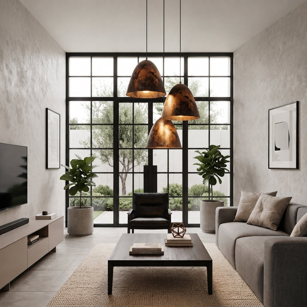 Handmade aged copper dome pendant light with a dark distressed patina in a modern industrial interior.